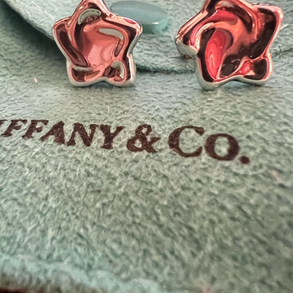 Tiffany & Co. Sterling Silver Star Stud Earrings on Tiffany Blue Pouch - Picture 3 of 4